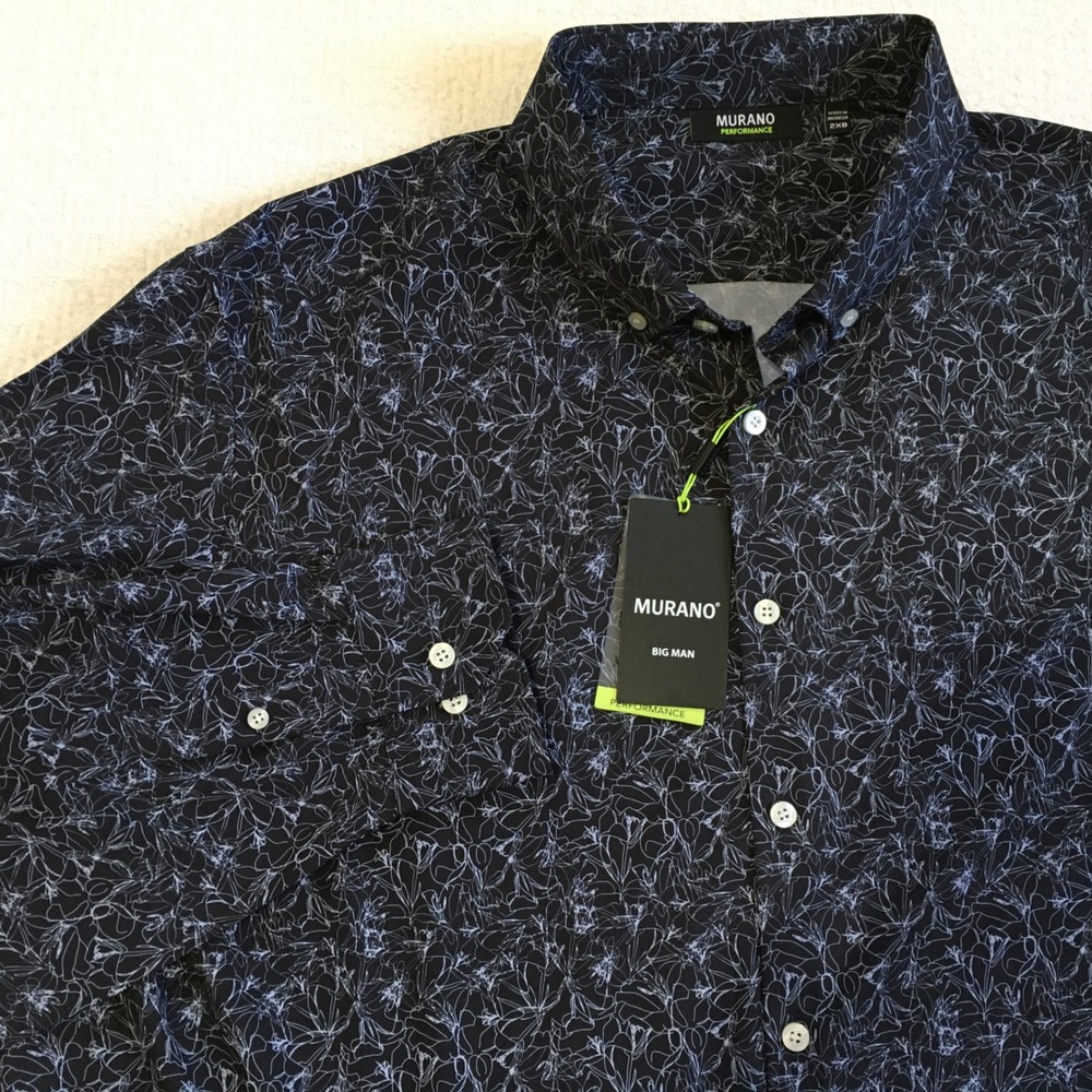 Murano Performance Big Man‎ Shirt 2XB Black White Floral Long Sleeve Button Down
